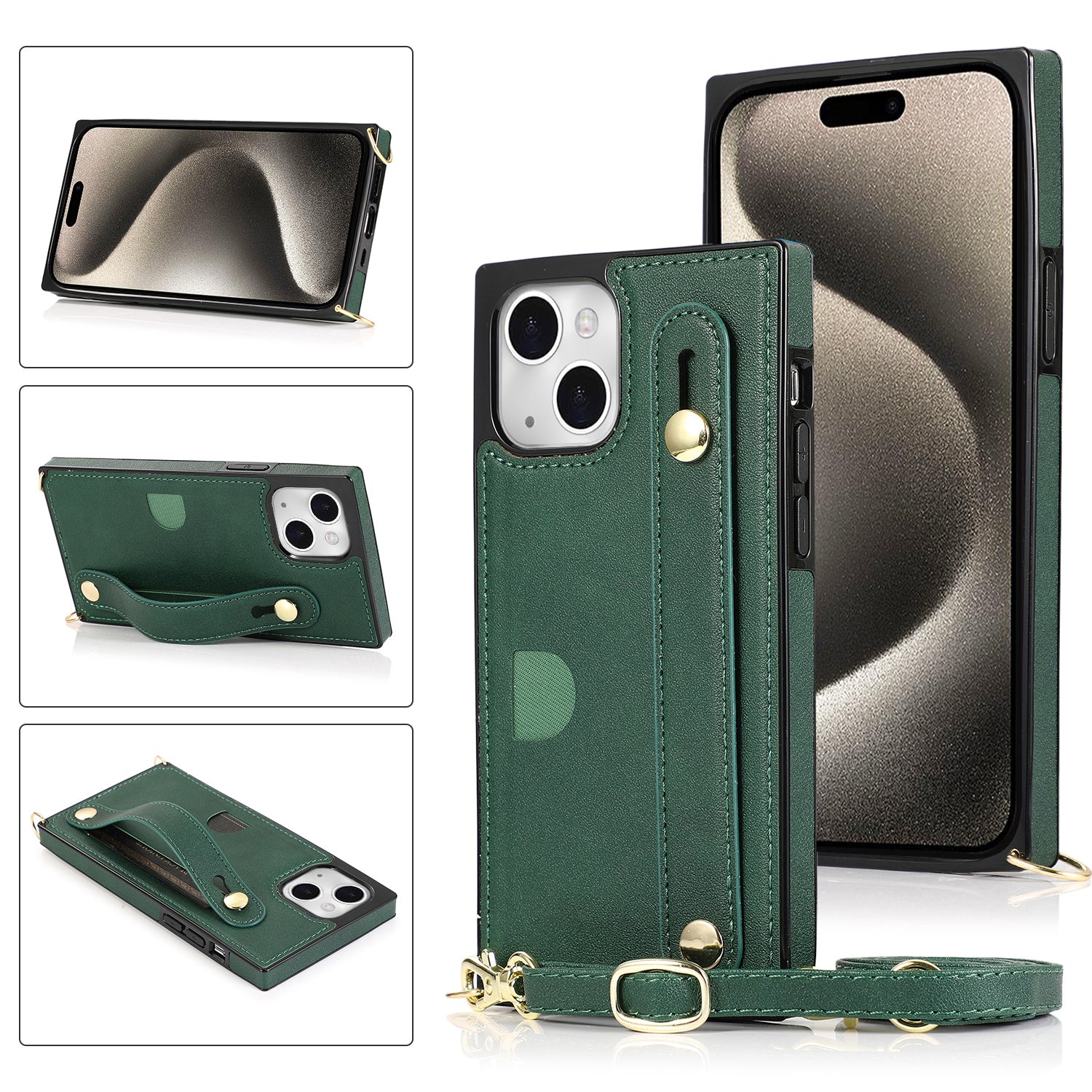 For iPhone 15 Plus Case PU Leather Coated TPU Card Holder Strap Kickstand Phone Cover - Green For iPhone 15 Plus Case PU Leather Coated TPU Card Holder Strap Kickstand Phone Cover - Green